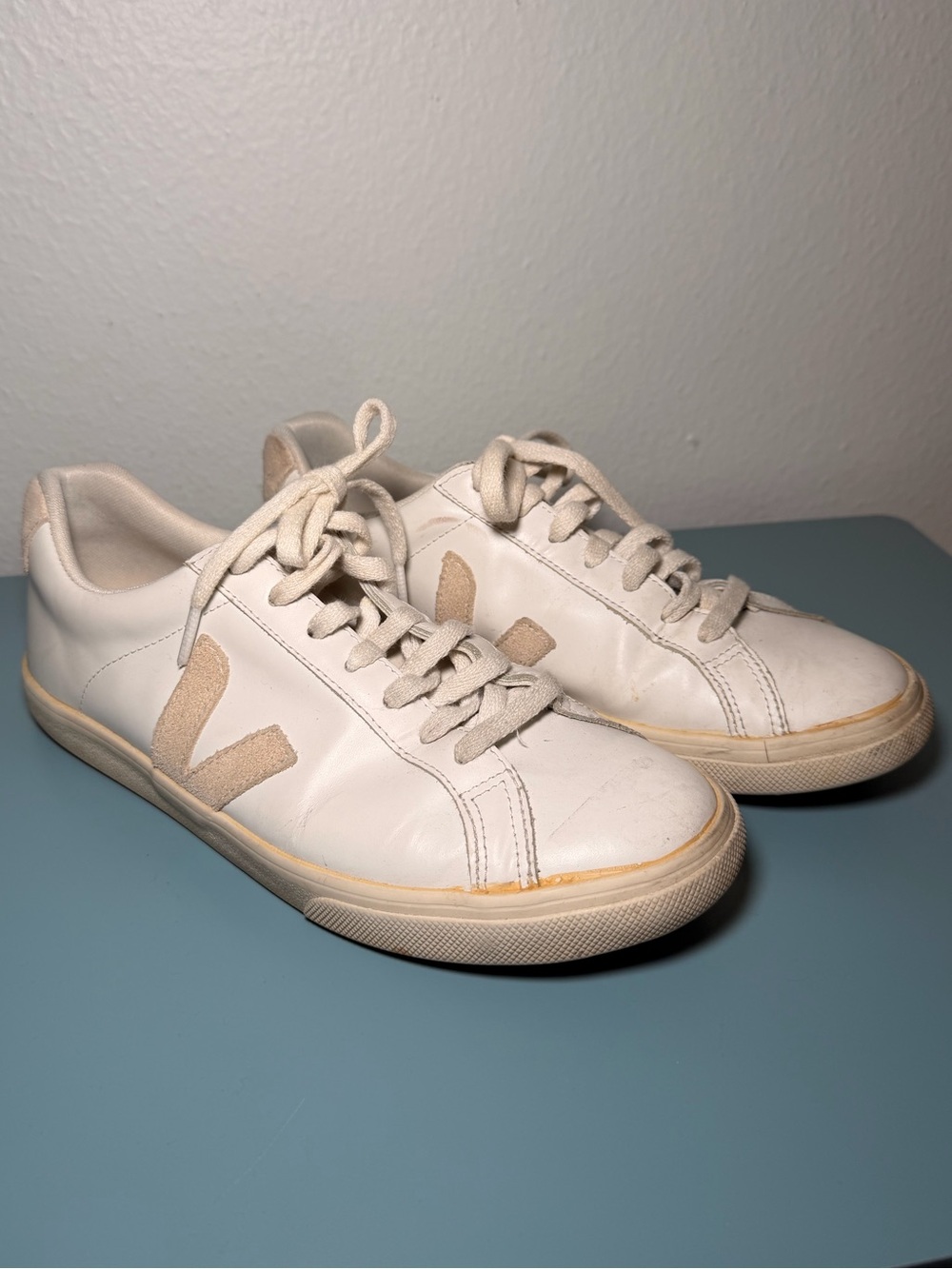 Veja White Sneakers with Beige Suede V Logo